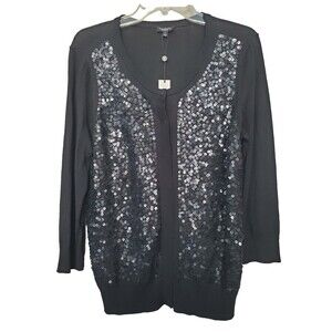 Talbots Black Cotton Blend Sequined Long Sleeve Button-Up Cardigan Sweater L NWT